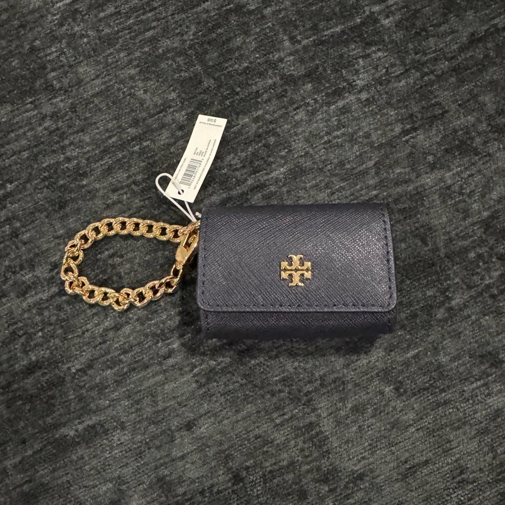 Tory Burch Navy Leather AirPod case with Gold Chain